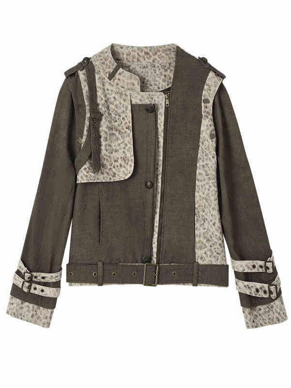 Brown and Gray Punk Streetwear Leopard Jacket with Detachable Sleeves
