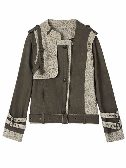 Brown and Gray Punk Streetwear Leopard Jacket with Detachable Sleeves