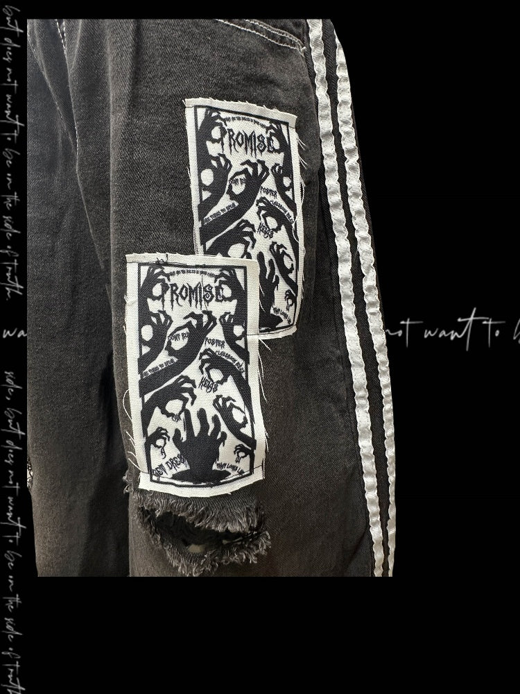 Black & White Stripes Distressed Holes Raw Hem Appliques Embellished Denim Shorts