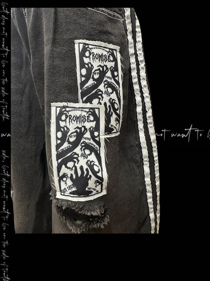 Black & White Stripes Distressed Holes Raw Hem Appliques Embellished Denim Shorts