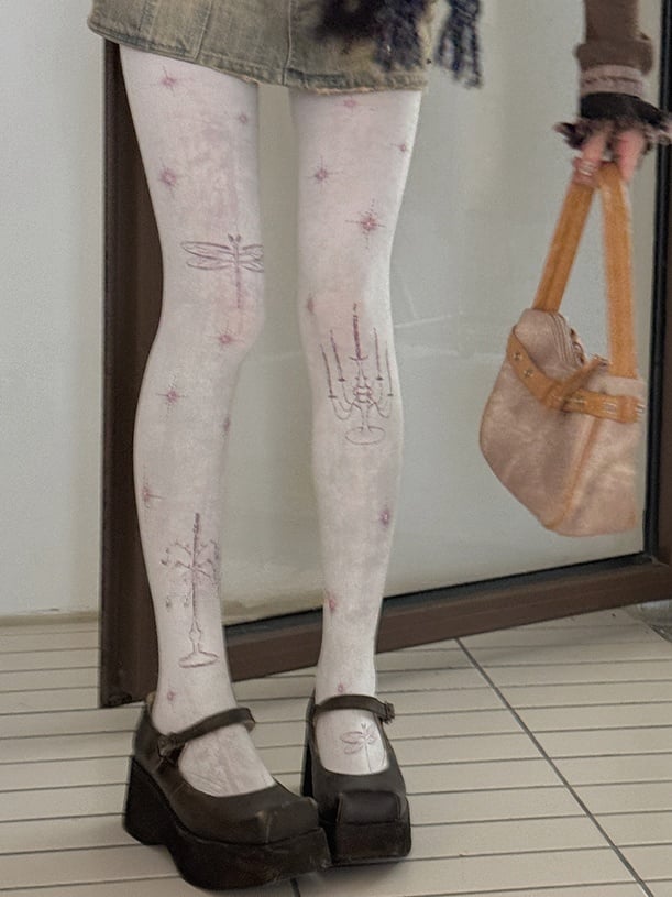 White Lolita Dragonfly Print Tights