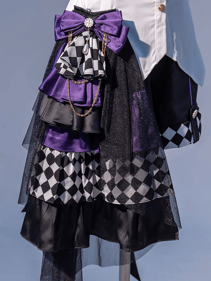 Ouji Lolita Dark Blue/Brown/Purple Checked Pattern Layered Bow Train Chains Decoration