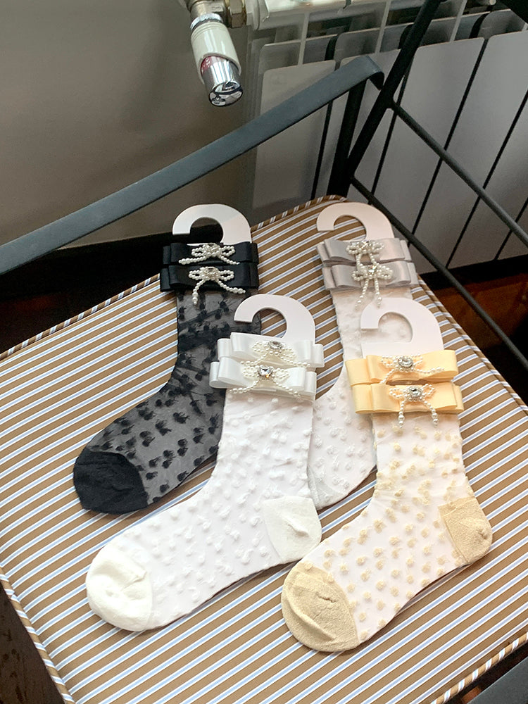 White/Apricot/Black/Grey Beaded Bowknots Socks