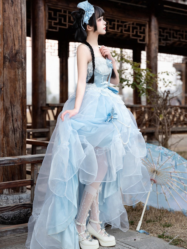 Plus Sizes Available Blue Princess Lolita Boned Waist Top + High-low Cascading Flounce Skirt