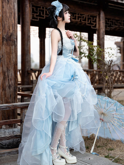 Plus Sizes Available Blue Princess Lolita Boned Waist Top + High-low Cascading Flounce Skirt