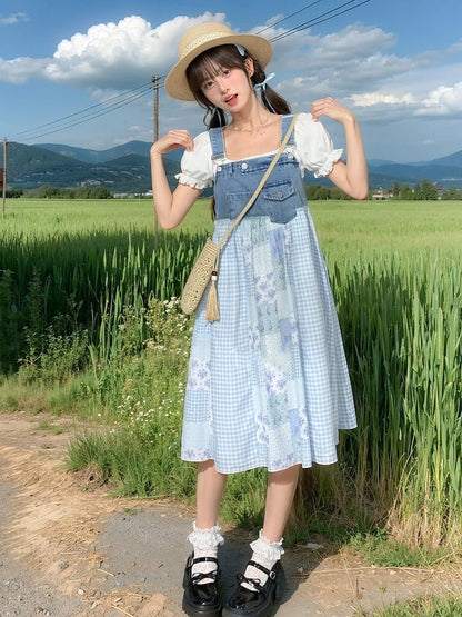 Blue Plaid and Floral Patchwork Design Mori Kei Denim Overall Dress