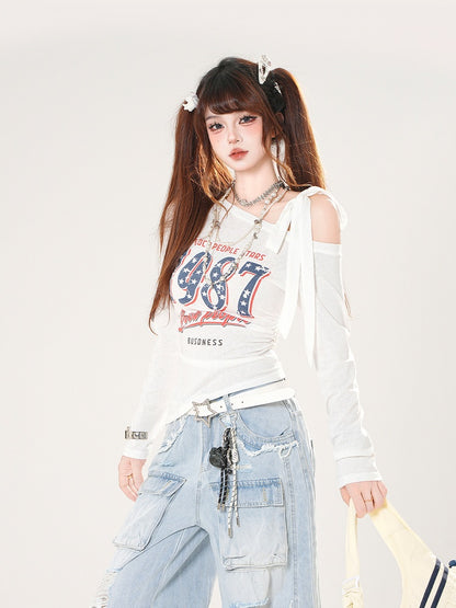 Vintage Number Print Blue/White/Black Asymmetrical Neckline Top