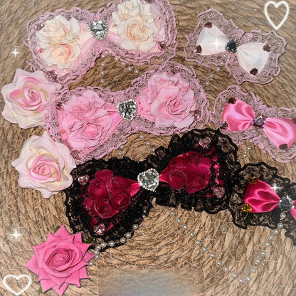Three Pink/Black&Pink/Pink&Bege Rhinestone Heart Decorated Floral Design Bead Chain Bowknot Hairclips
