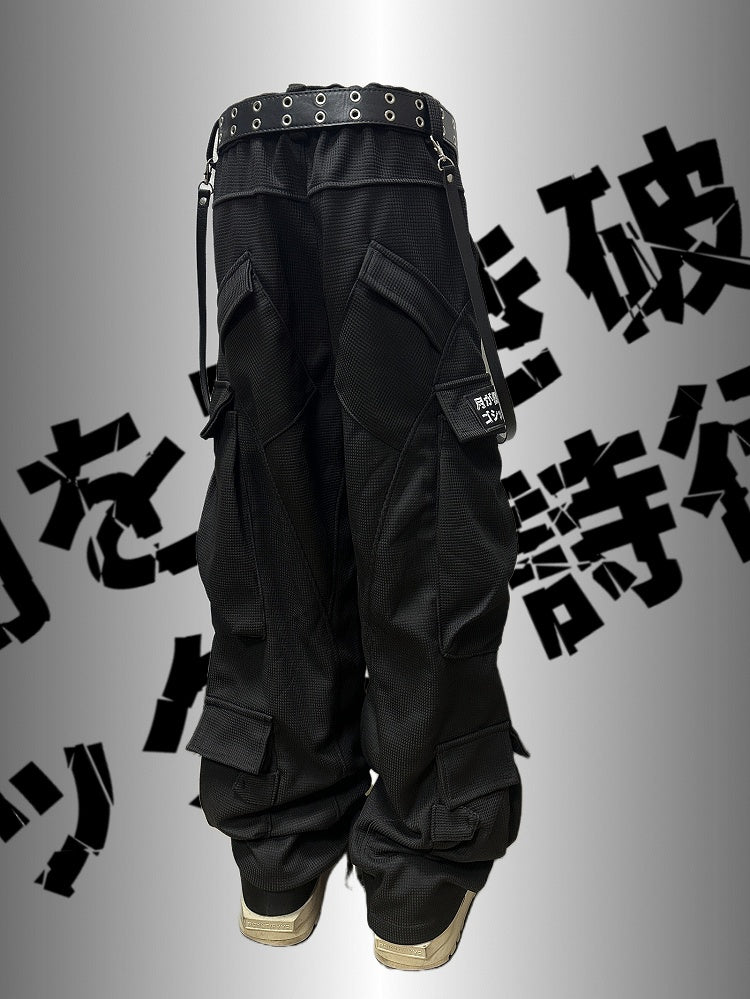 Black Punk Rock Cross And Letter Applique Cargo Pockets Decorated Wide-Leg Cargo Pants