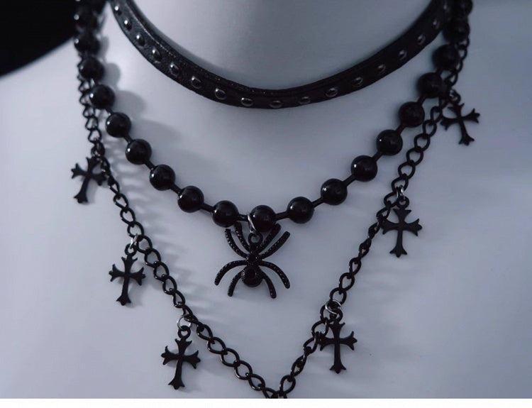Spider and Cross Pendant Black Gothic Triple Layered Necklace