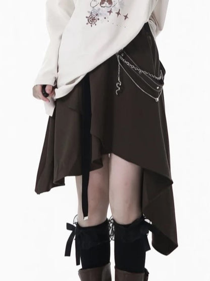 Asymmetrical Handkerchief Hem Brown Skirt with Waist Chain and Strap Accents