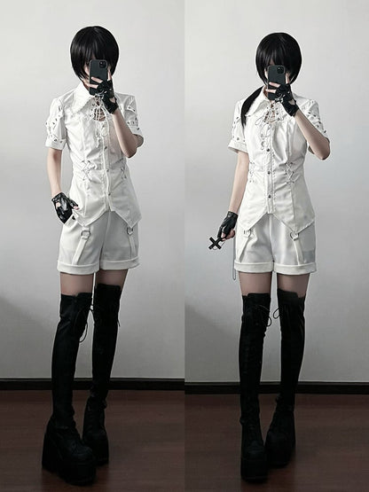 White Ouji Lolita Fashion Lace-up Neckline Short Sleeves Shirt
