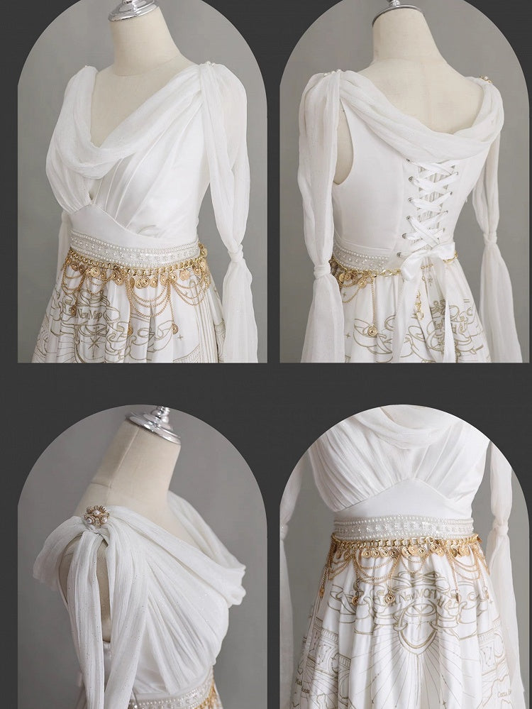 Gold Celestial Map Embroidery White Greek Style Cowl Neckline Jumper Skirt