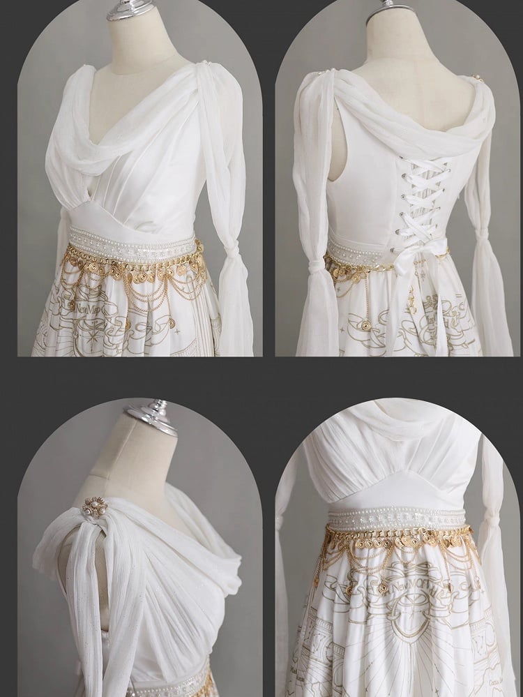 Gold Celestial Map Embroidery White Greek Style Cowl Neckline Jumper Skirt