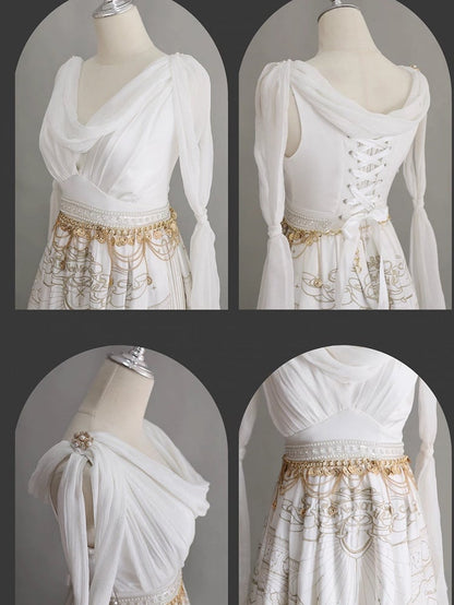 Gold Celestial Map Embroidery White Greek Style Cowl Neckline Jumper Skirt