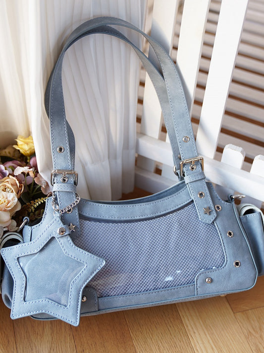Blue PU Y2K Shoulder Ita Bag With Star Charm