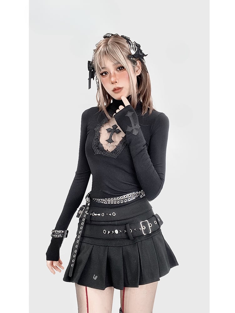 Gothic Black Y2K High Neck Cross Cutout Detail Glamorous Top