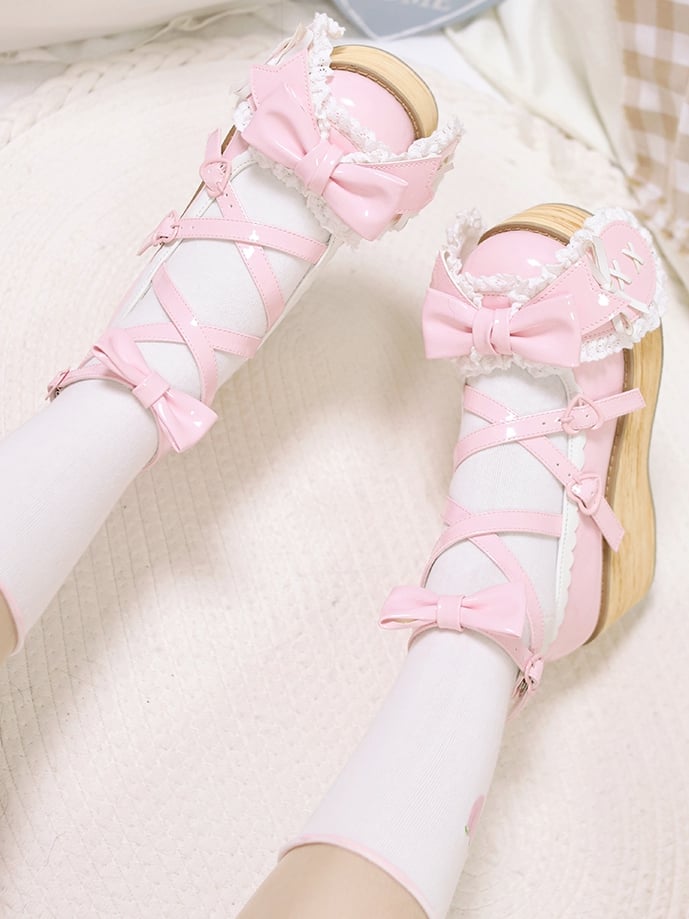 Polished Pink Bunny Ear Bowknot Old School Sweet Lolita Platforms
