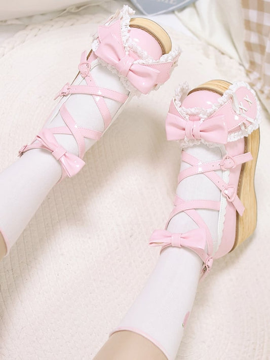 Polished Pink Bunny Ear Bowknot Old School Sweet Lolita Platforms
