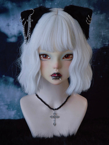 Silver Cross Pendant Gothic Black Beads Necklace