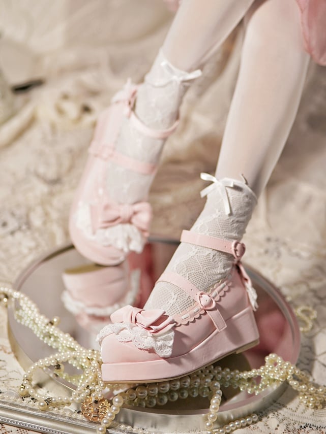 Baby Pink Bow at Top Lace Trim Heart Buckles Platforms