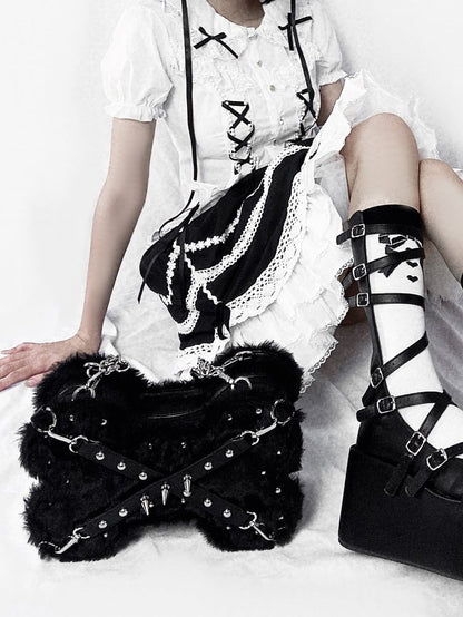 Black Punk Y2K Bone-Shaped Fleece Bag With Studded Crisscross Straps