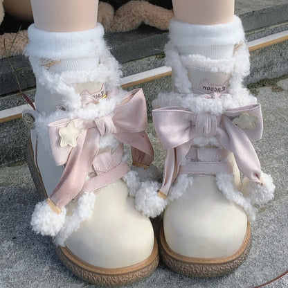 Plush Lining with Pink Bow Decor & Classic Lacing Beige Boots in Sweet Lolita