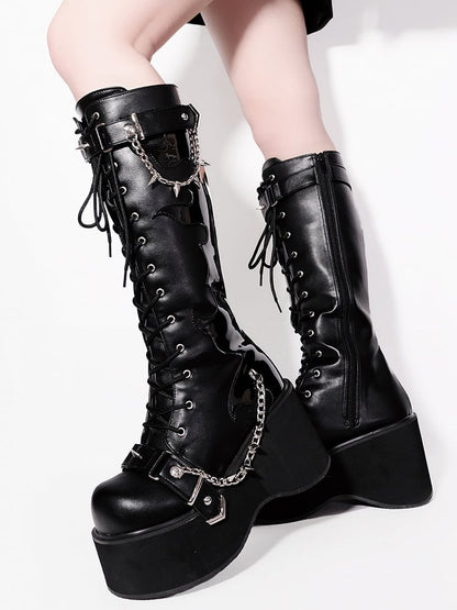 Matte Black Punk Goth Platform Boots Spike Studs Chains Knee-high Boots