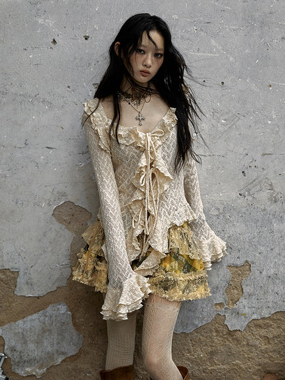 Apricot Vintage Ruffles Bell Sleeves Slim Fit Top