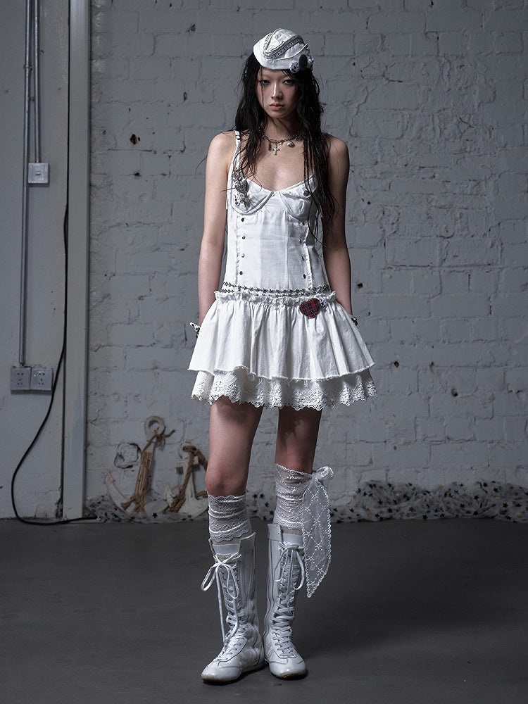 Black/White Dropped Waist Stud Details Raw Hem Punk Cami Dress