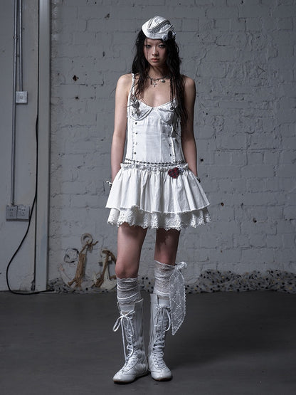 Black/White Dropped Waist Stud Details Raw Hem Punk Cami Dress