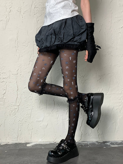 Black Punk Lace Trim Fishnet Over-knee Stockings