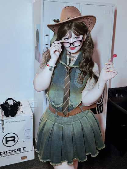 Plus Size Y2K Faded Wash Blue Denim Vest