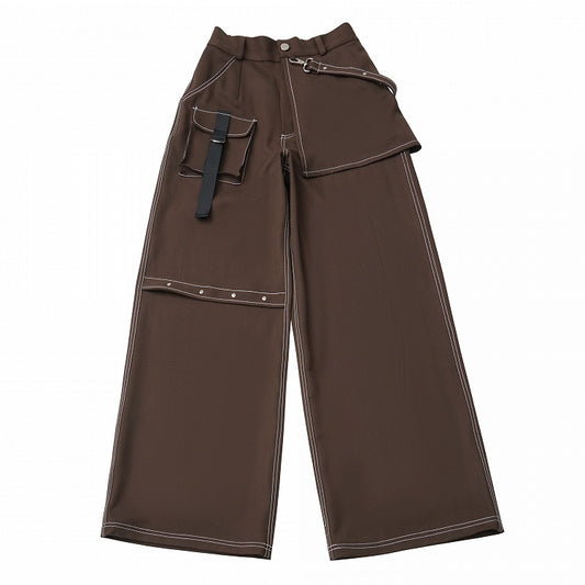Brown Straight-Leg Cargo Pants with Strap Accents