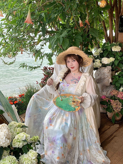 Plus Size Lace Patches Hem Oil Painting Print White Holiday Cami Dress