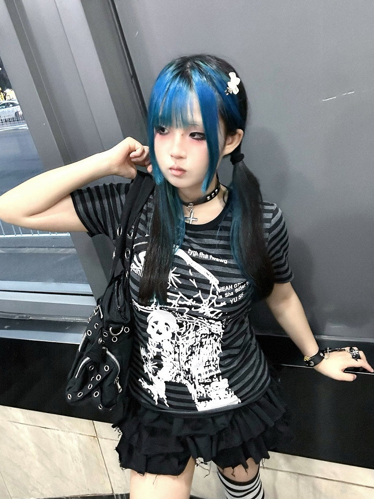 Black & Gray Stripe Pattern Skeleton Print Punk T-shirt