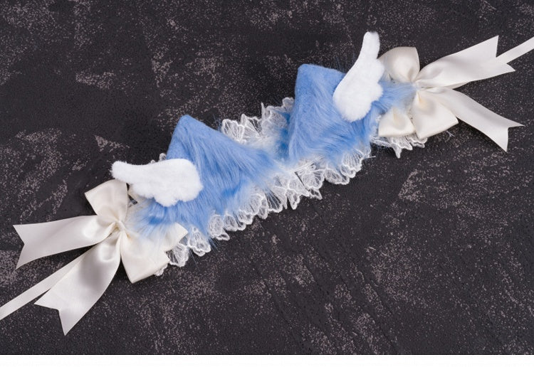 Handmade Wings Blue and White Bowknots Kitty Ears Hairband
