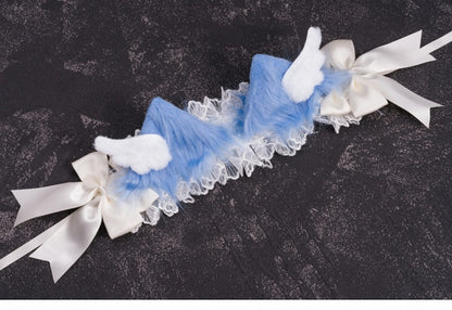 Handmade Wings Blue and White Bowknots Kitty Ears Hairband