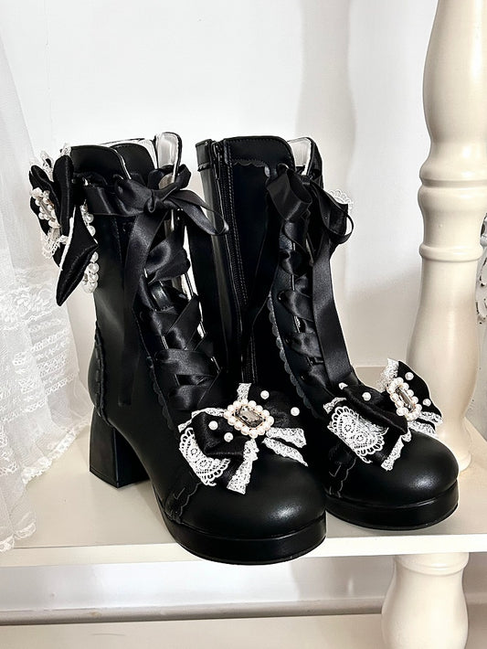 Black Sweet Lolita Mid-Calf Boots - Sparkling Beaded Bow Accents & Functional Lace+Zip Design