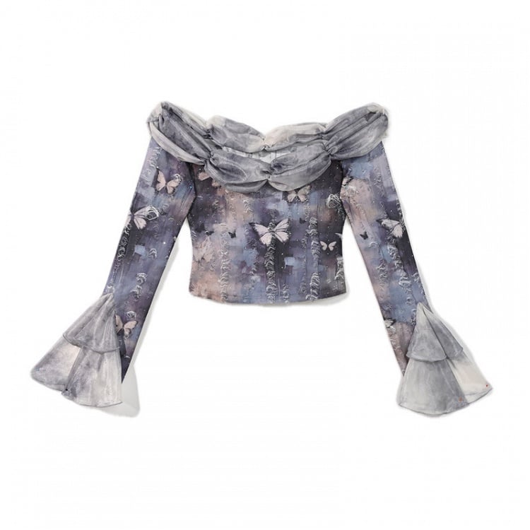 Off-the-shoulder Neckline Butterfly Print Dusty Blue Long Sleeves Top Corpse Bride Vibes