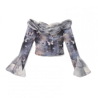 Off-the-shoulder Neckline Butterfly Print Dusty Blue Long Sleeves Top Corpse Bride Vibes