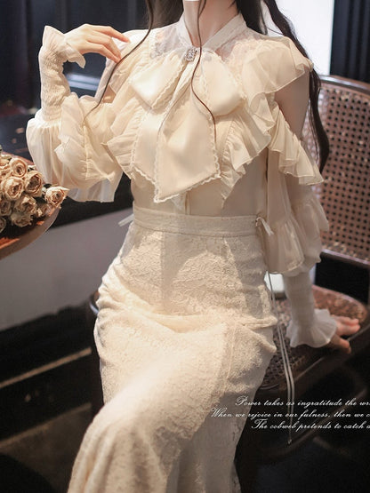Jirai Kei Elegance: Beige Chiffon Blouse with Flounce Cutout Shoulders - Clean & Innocent Aesthetic