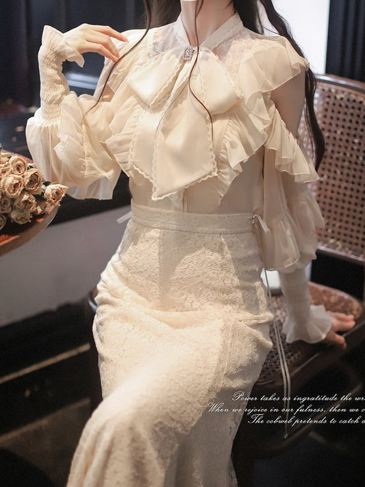 Jirai Kei Elegance: Beige Chiffon Blouse with Flounce Cutout Shoulders - Clean & Innocent Aesthetic