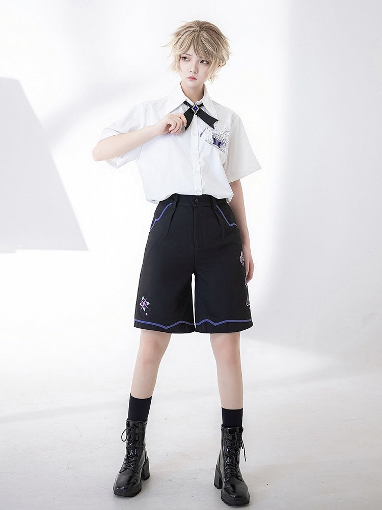 Black Ouji Summer Shorts with Spade Diamond Club Embroidery