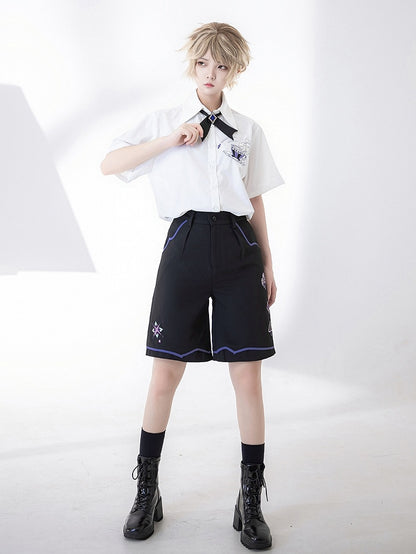 Black Ouji Summer Shorts with Spade Diamond Club Embroidery
