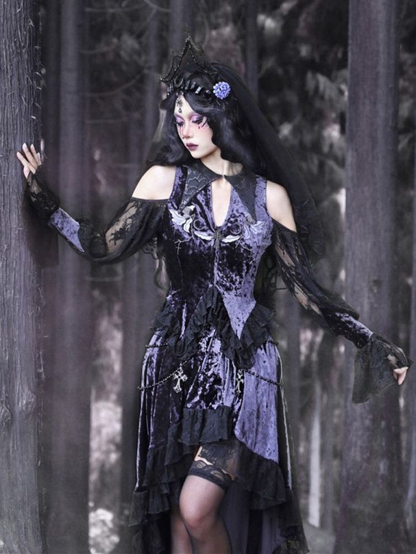 Gothic Velvet Embroidered Open Shoulder Top Double Layered Lace Hem