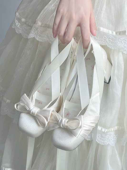 Creamy White Elegant Bow at Top Mary Janes With Dual Detachable Buckle Ankle Straps