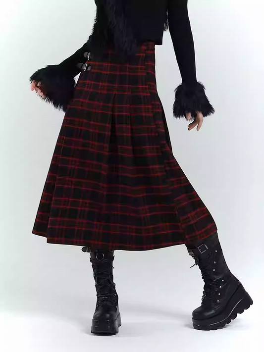 Black & Red Plaid  Double Buckles Midi Length Skirt