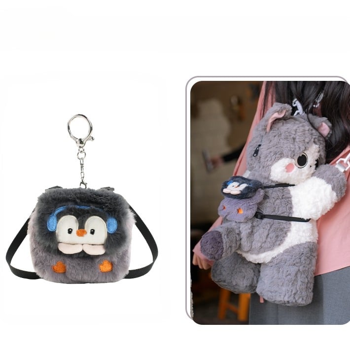 Gray Cute Plush Kitty Backpack/Crossbody Bag + Plush Backpack Keychain