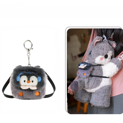 Gray Cute Plush Kitty Backpack/Crossbody Bag + Plush Backpack Keychain